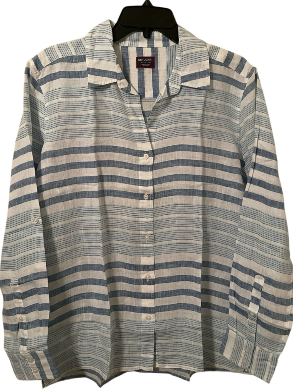 Untuckit Women's Blue White‎ Striped Linen Vietti Button Down Shirt Size 8